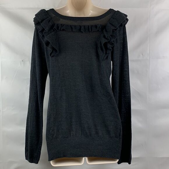 Anthropology Moth Gray ruffled square neck wool blend long sleeve sweater - Picture 7 of 12